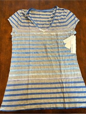 Calvin Klein Jeans Blue and Gray Striped V-Neck Pocket Tee